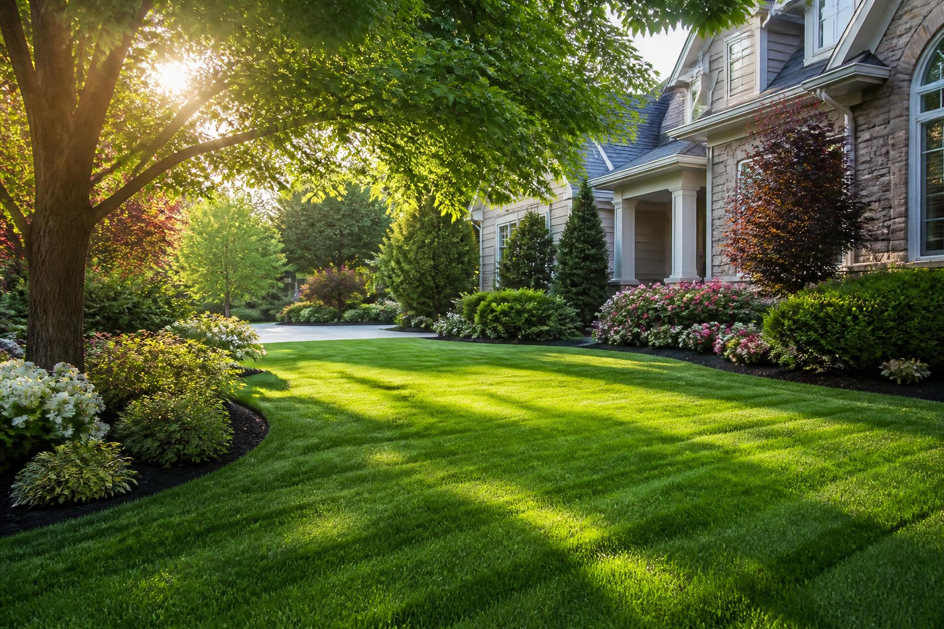 Freshly mowed lawn and garden beds in morning light